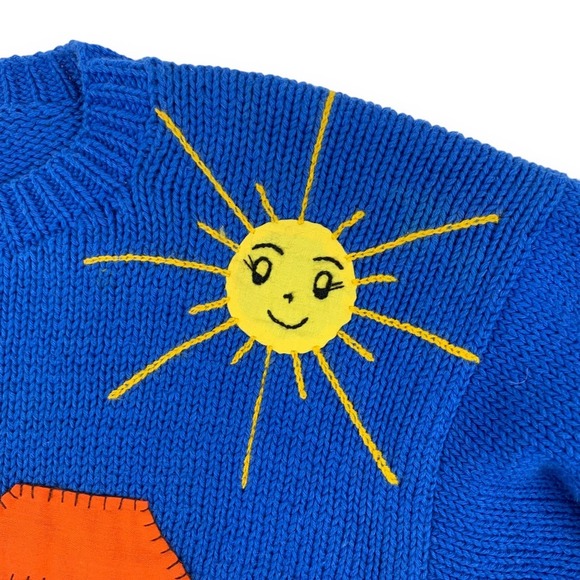 Vintage Andina Blue Yellow Western Town Teacher Sweater TINY FLAW - Picture 4 of 13